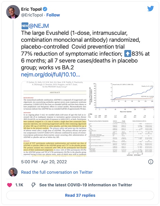 Topol @ Twitter: NEJM article on how well evusheled works