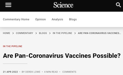 Lowe @ In the Pipeline: Pancoronavirus vaccines