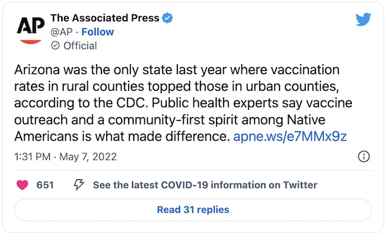 AP News @ Twitter: AZ has more rural than urban vaccinees, due to sensible Hopi & Navajo.