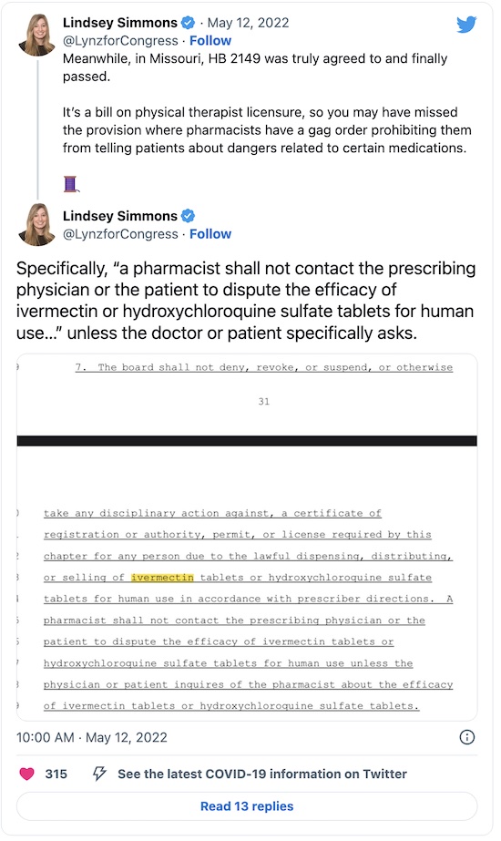 Simmons @ Twitter: Missouri ivermectin gag order on pharmacists