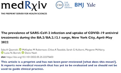 Qasmieh, et al. @ medRxiv: Real prevalence of COVID-19 and knowledge of paxlovid, NYC April-May 2022