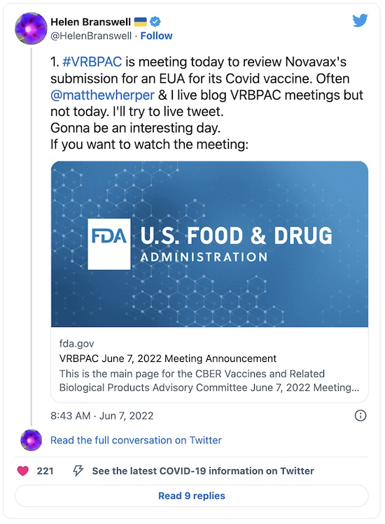 Branswell @ Twitter: FDA VRBPAC meeting on Novavax