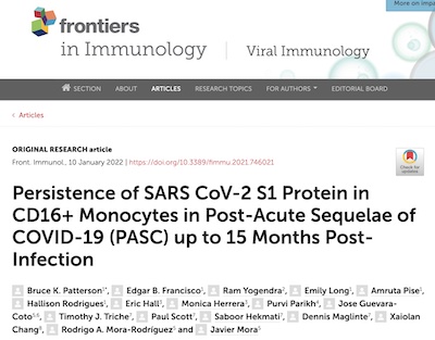 Patterson, et al. @ Front Immunol: Persistence of SARS-CoV2 S1 protein in CD16+ monocytesin Long COVID-19
