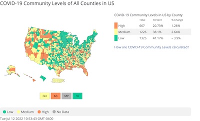 US CDC COVID Tracker: Community levels, 2022-Jul-12