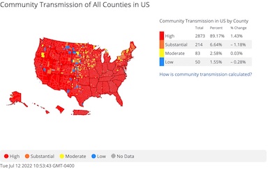 US CDC COVID Data Tracker: Community transmission levels, 2022-Jul-12
