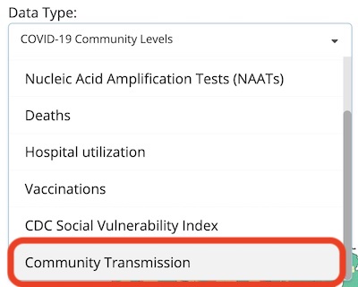 US CDC COVID Data Tracker: Community transmission in drop-down, after scrolling