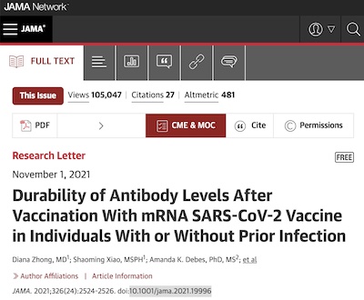 Zhong, et al. @ JAMA: Ab durability after mRNA vax with & without infection