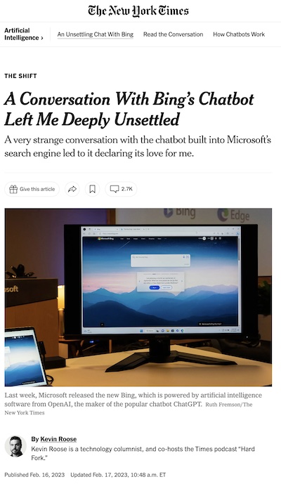 Roose @ NYT: Chatbot conversation left me deeply unsettled