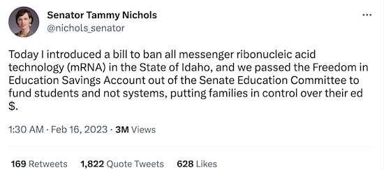 Nichols @ Twitter: Yes, I introduced a bill to criminalize mRNA vaccines