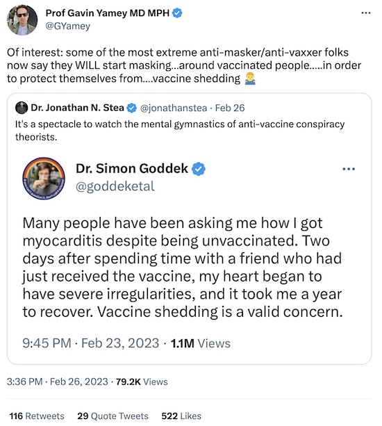 Yamey @ Twitter: Unvaxed want to mask around vaxed because of 'vaccine shedding'