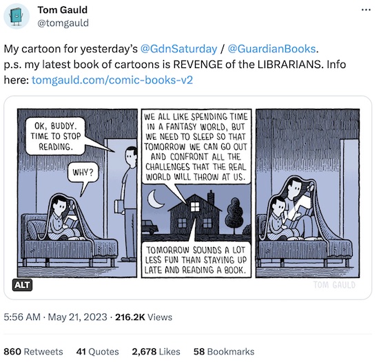 Tom Gauld: Dad joins kid reading under the covers