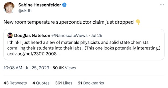 Hossenfelder & Natelson @ Twitter: Physicists corralling students into labs to look at high-Tc superconductor paper from Korea