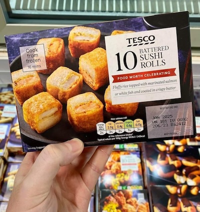 Tesco groceries in the UK: Battered sushi, for deep frying