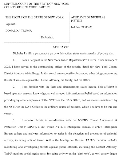 Pastilli affidavit: rate of threats against DA, pre-Trump vs post-Trump