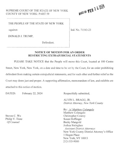 NY DA Alvin Bragg: Notice of intent to file motion for protective gag order
