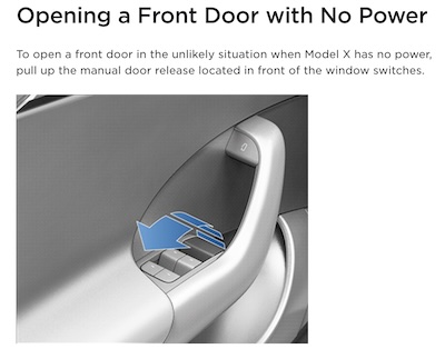 Tesla Model X Owner's Manual: how to open front door from inside, without power