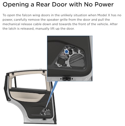 Tesla Model X Owner's Manual: how to open rear door from inside, without power