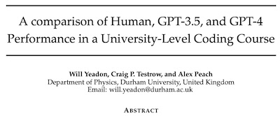 Yeadon, et al. @ arXiv: comparing human and GPT performance on physics coding