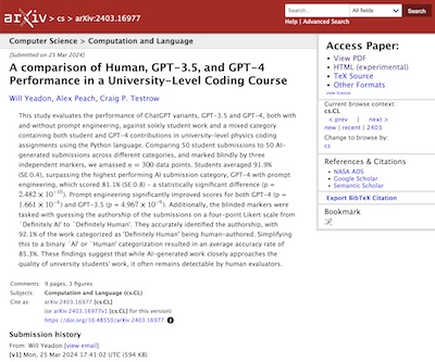 Yeadon, et al. @ arXiv: comparing human and GPT performance on physics coding