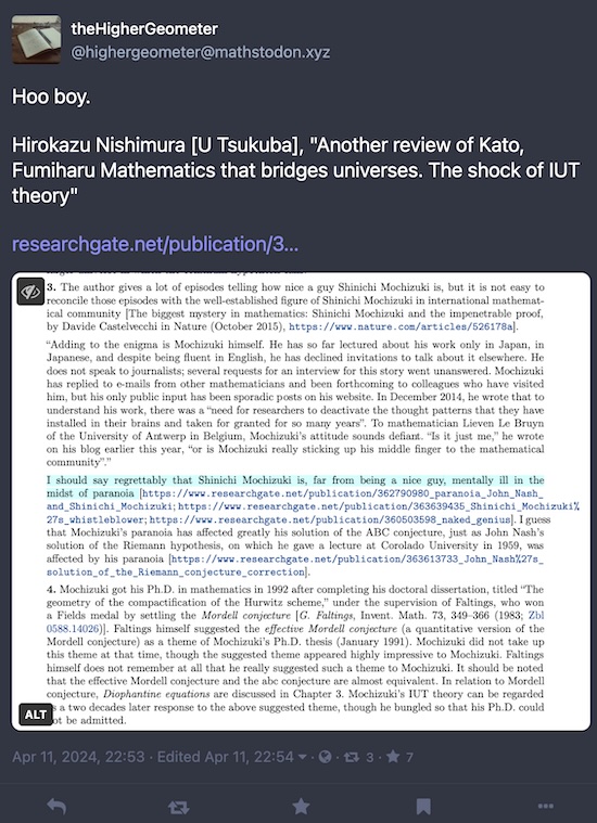 Higher Geometer @ Mastodon: Nishmura's review of Kato's book on Mochizuki