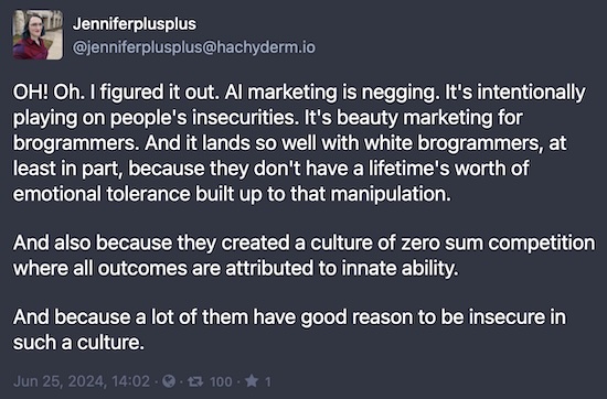 'JenniferPlusPlus @ Mastodon: AI hype as negging