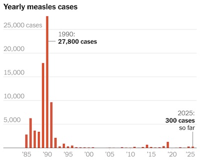 Rosenbluth @ NYT: Yearly measles cases in the US, 1985 - 2024