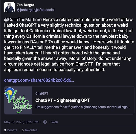 Berger @ Mastodon: ChatGPT requires EXTENSIVE persuasion to get even elementary legal arguments correct