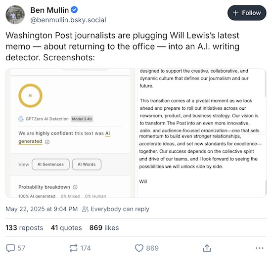Mullin @ BlueSky: WaPo management is using AI to berate employees about return-to-office.