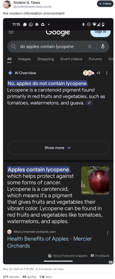 Olufemi Taiwo @ BlueSky: Apples both do and do *not* contain lycopene