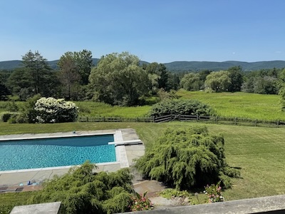 Gorgeous view of a pool, a meadow, and some foothills in the background