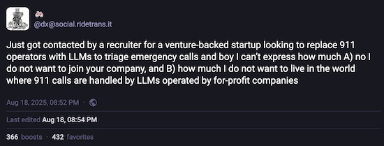 'DX' @ Mastodon: A for-profit company wants to sell its LLM to respond to emergency phone calls