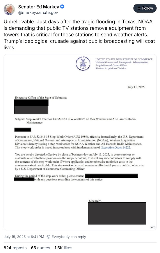 US Sen Markey: Trump demands TV stations remove equipment vital to send weather alerts