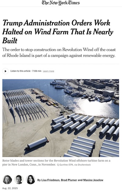 Friedman, et al. @ NYT: Trump halts work on Revolution Wind
