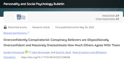 Pennycook, et al. @ PSPB: Overconfidence of conspiracy theorists