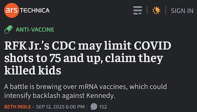 Mole @ Ars Technica: Kennedy's CDC may limit COVID-19 vax to 75+