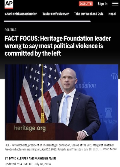 Klepper & Amiri @ AP: Heritage Foundation wrongly says political violence is left