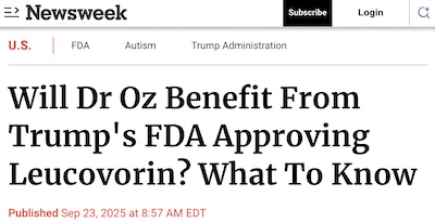 Plummer @ Newsweek: Dr Oz invested in supplement company selling leucovorin