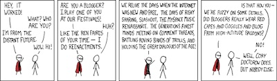 R Munroe @ XKCD: Cory Doctorow blogs from a hot air ballon while wearing a red cape and goggles