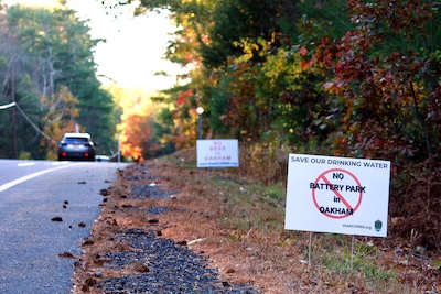 Roadside sign in Oakham, MA: No Battery Park in Oakham/Save Our Drinking Water