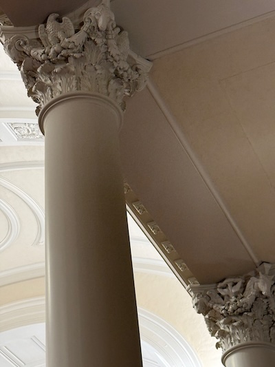 Harvard Memorial Church: the capitals of the columns show an alternating motif of a dove descending and a wing-spread eagle
