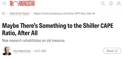Rekenthaler @ Morningstar: Shiller CAPE ratio predicts reasonably well