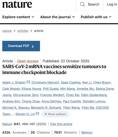 Grippin, et al. @ Nature: mRNA vaccines sensitize tumors to immunotherapy