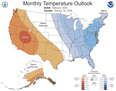 Groundhog Day: NOAA temperature predictions as of 2026-Feb are colder for the eastern US