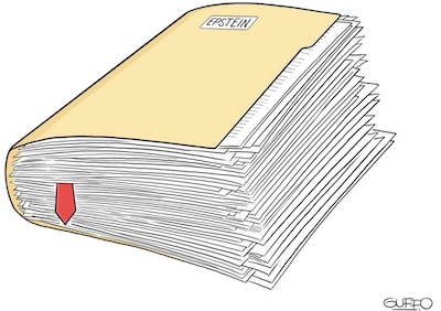 French cartoonist Guffo, in Le Monde: Trump's red tie hanging outside a giant folder, the Epstein files