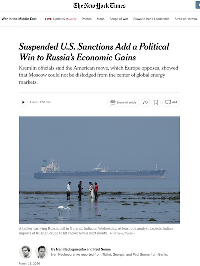 NYT: Photo of an optical illusion of a tanker apparently flying over the sea