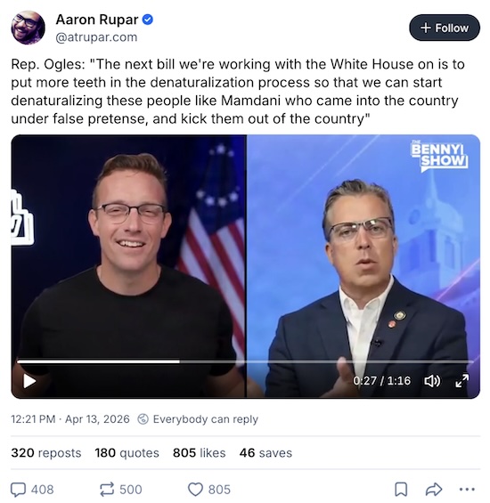 Rep Ogles (R-TN): Wants to denaturalize & deport NYC Mayor Mamdani