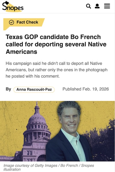 Rascou&euml;t-Paz @ Snopes: TX GOP candidate wants to deport Native American 'savages'