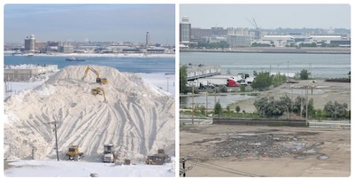 Two views of a 2015 Boston snow farm: in winter, and in July.  Probably from the venerable Globe.