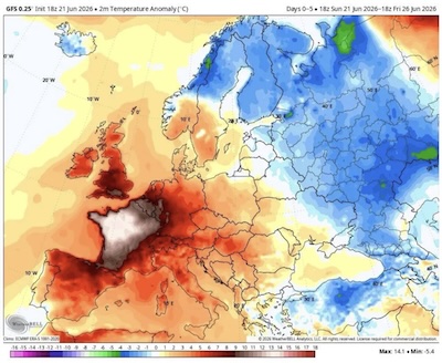 Temperature anomaly (deviation from average) in Europe, 2026-Jun-21