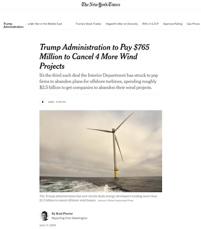 Plumer @ NYT: Trump admin pays \\$765mln to cancel 4 more offshore wind power projects